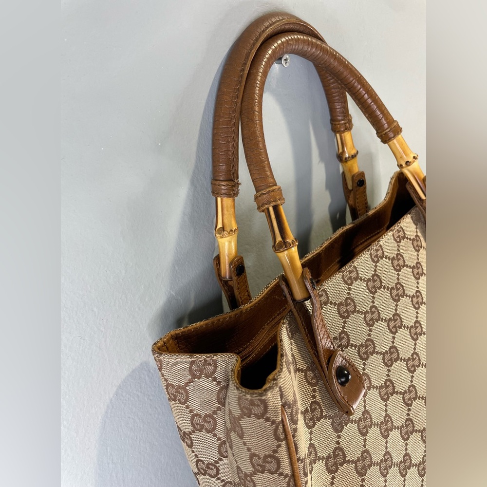 Gucci Brown/Beige GG Canvas Tote with Bamboo-Style Handles - Picture 6 of 13